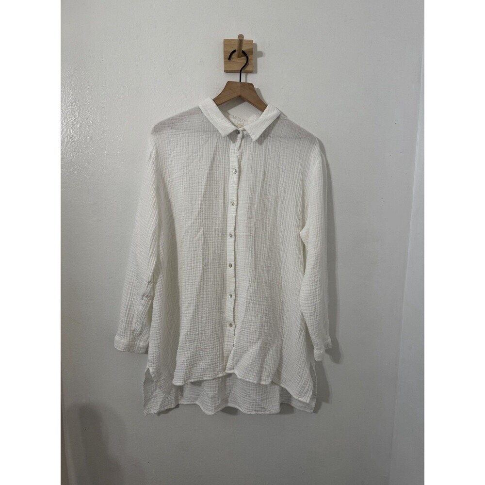 Eileen Fisher XL White Organic Cotton Gauze Button Down Tunic Shirt Oversized